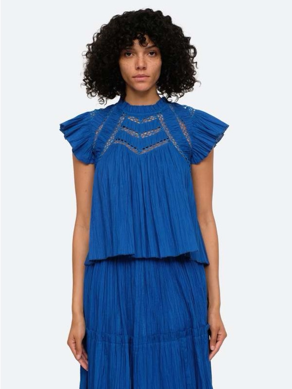 Sea New York Paco Blue 100% Cotton Flutter Sleeve Crochet Panel Top Large Aqua